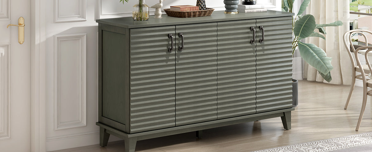 Side panel with 4-door large storage buffet, adjustable shelves and metal handles (antique gray)
