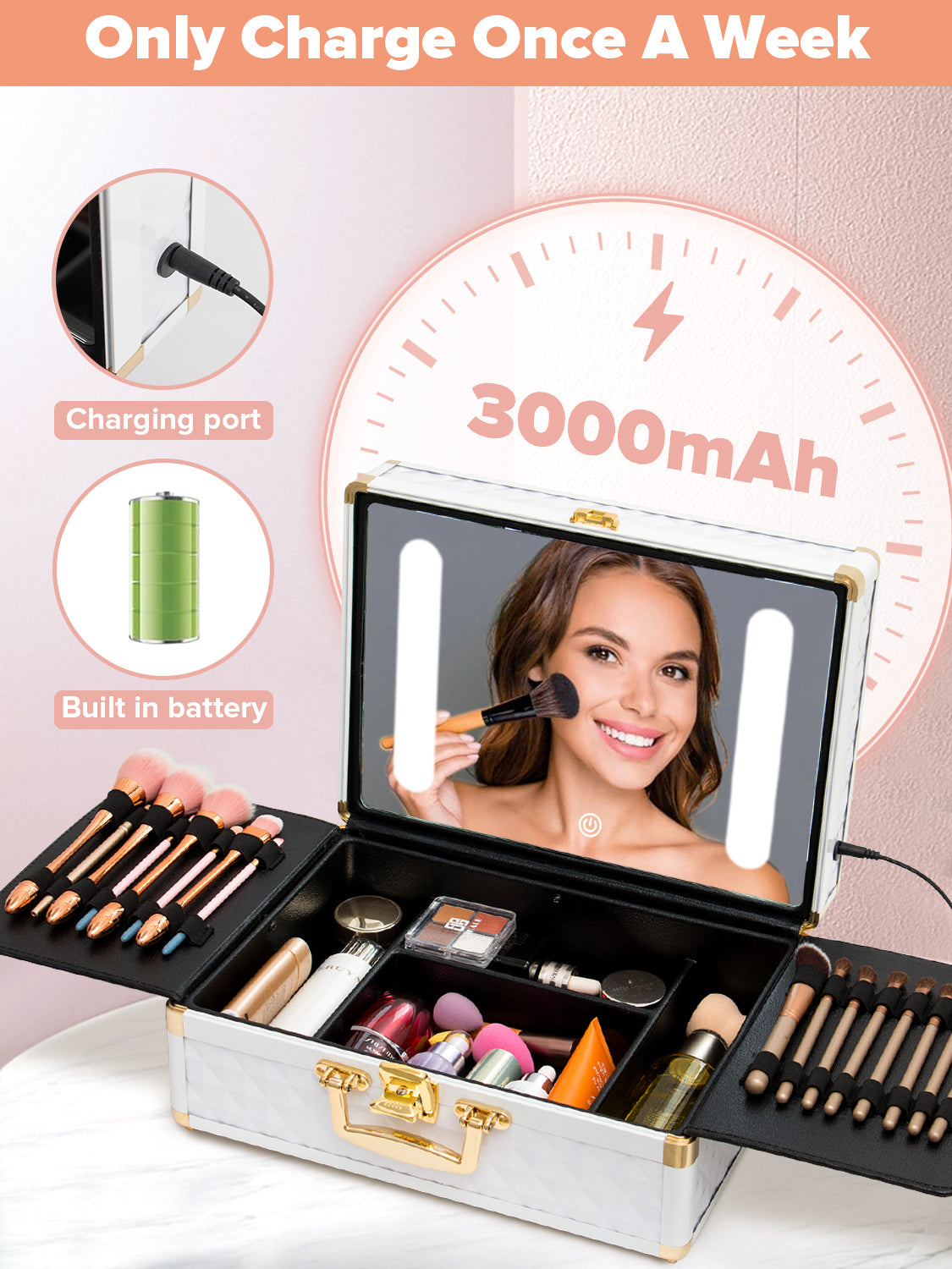 Portable makeup case, travel makeup bag with LED mirror, locked makeup storage box, brush holder, divider, rechargeable, white - Julia M LifeStyles