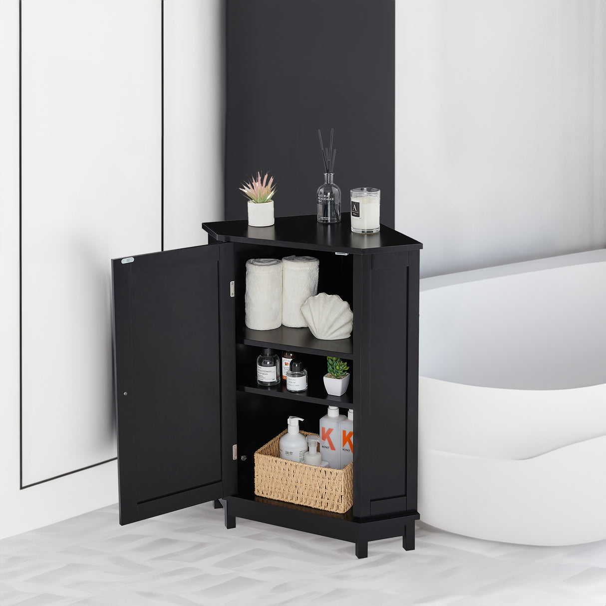Black Bathroom Cabinet Triangle Corner Storage Cabinet with Adjustable Shelf Modern Style MDF Board