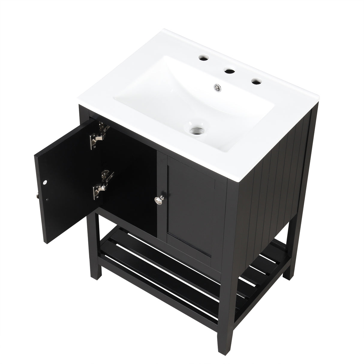 24" Black Modern Sleek Bathroom Vanity Elegant Ceramic Sink with Solid Wood Frame Open Style Shelf
