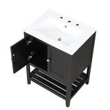 24" Black Modern Sleek Bathroom Vanity Elegant Ceramic Sink with Solid Wood Frame Open Style Shelf
