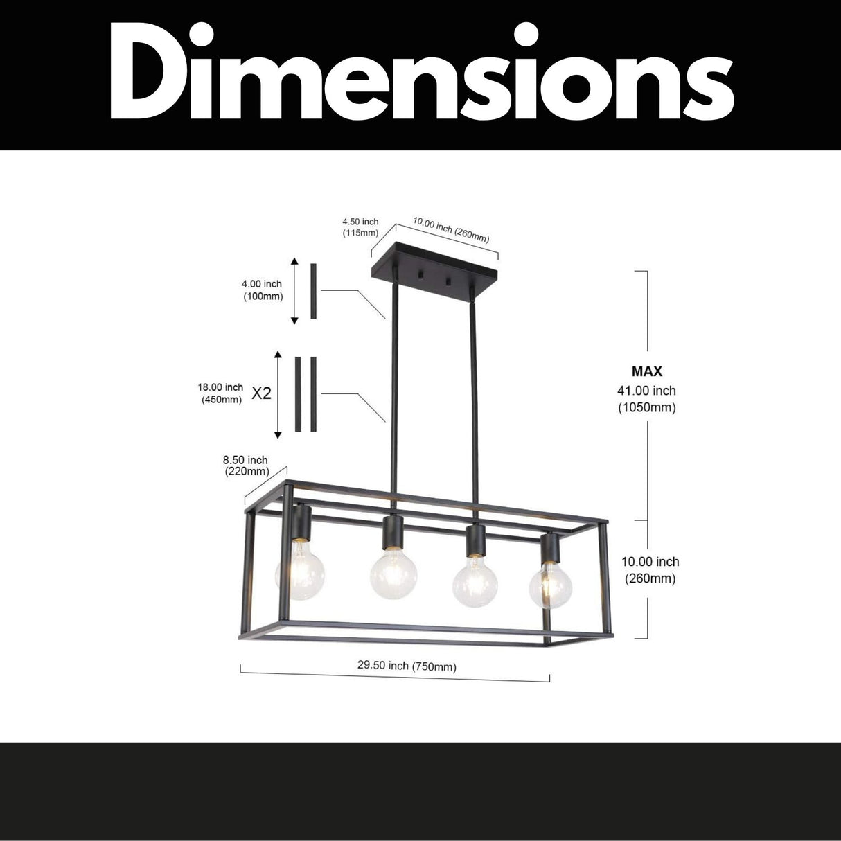 Pendant Lighting 4 Light Industrial Vintage Open Frame Rectangle Chandeliers Modern Black Linear Cage Ceiling Light Fixture - Julia M LifeStyles