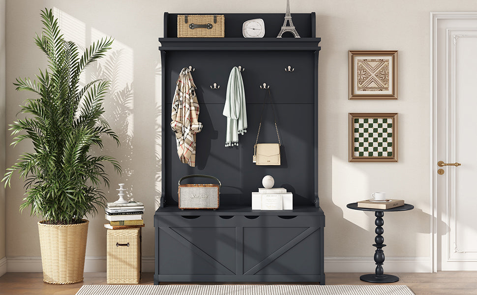 Hall tree with storage desk, entrance desk with drawers and 5 hooks, display rack, dark blue