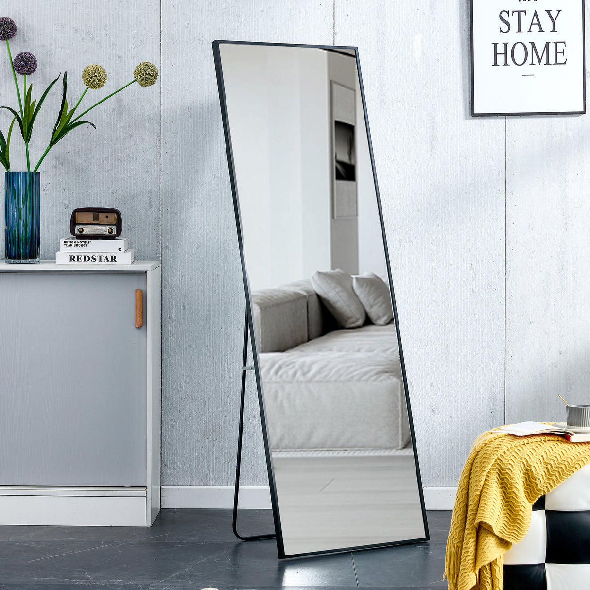 Aluminum Alloy Metal Frame Wall-Mounted Full-Length Mirror Black 65 x 23"