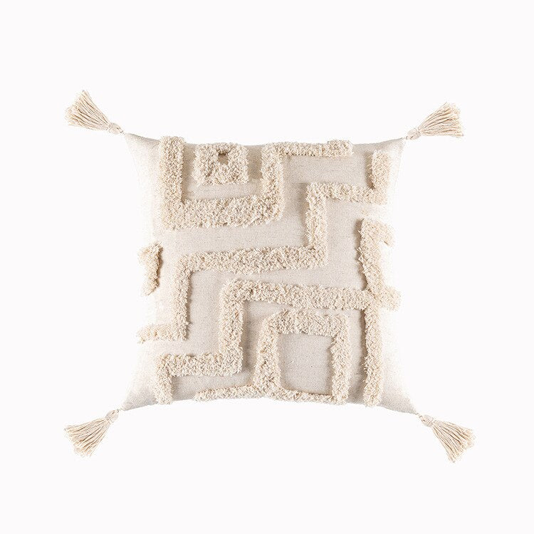 Tassels Cushion Cover 45x45cm - Beige and White Boho Decor - Julia M LifeStyles