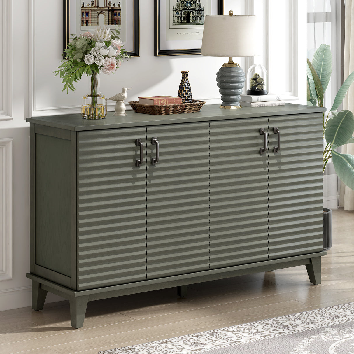 Side panel with 4-door large storage buffet, adjustable shelves and metal handles (antique gray)