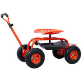 Garden cart rolling scooter, adjustable height with 4 wheels and extendable handle with 360 degree seat and tool tray (red)