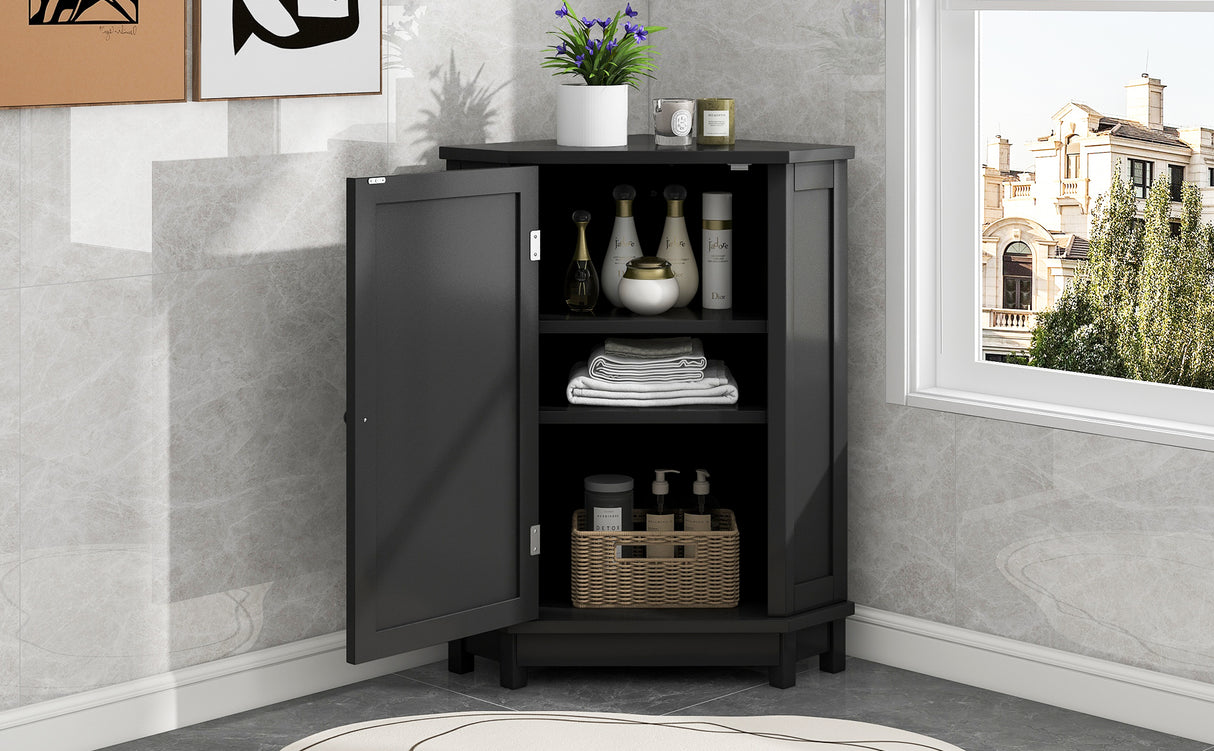 Black Bathroom Cabinet Triangle Corner Storage Cabinet with Adjustable Shelf Modern Style MDF Board