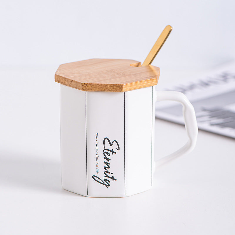 Octagonal Nordic Ins Style Ceramic Cup With Lid Home Office High-End Couple Water Cup