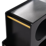 Stylish mobile desk with lockable wheels,bedside table with 5mm thick grooved tempered glass and gold round bars ，black Julia M Home & Kitchen