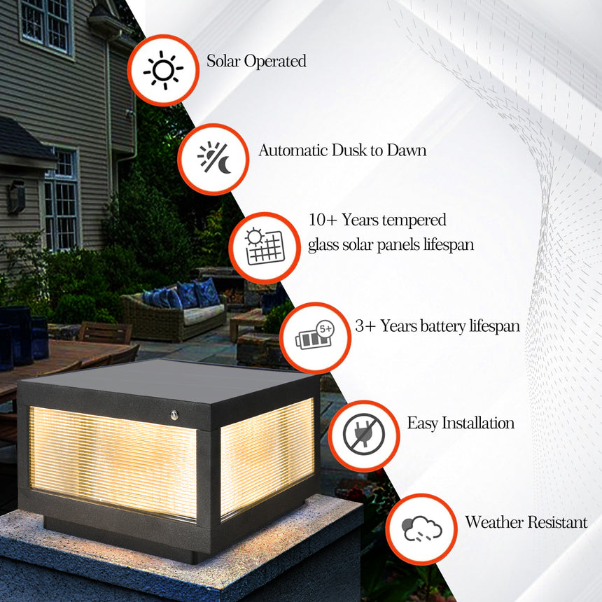12-Inch Black Solar Powered LED Post Cap Light - Elegant Modern Outdoor Lighting Solution