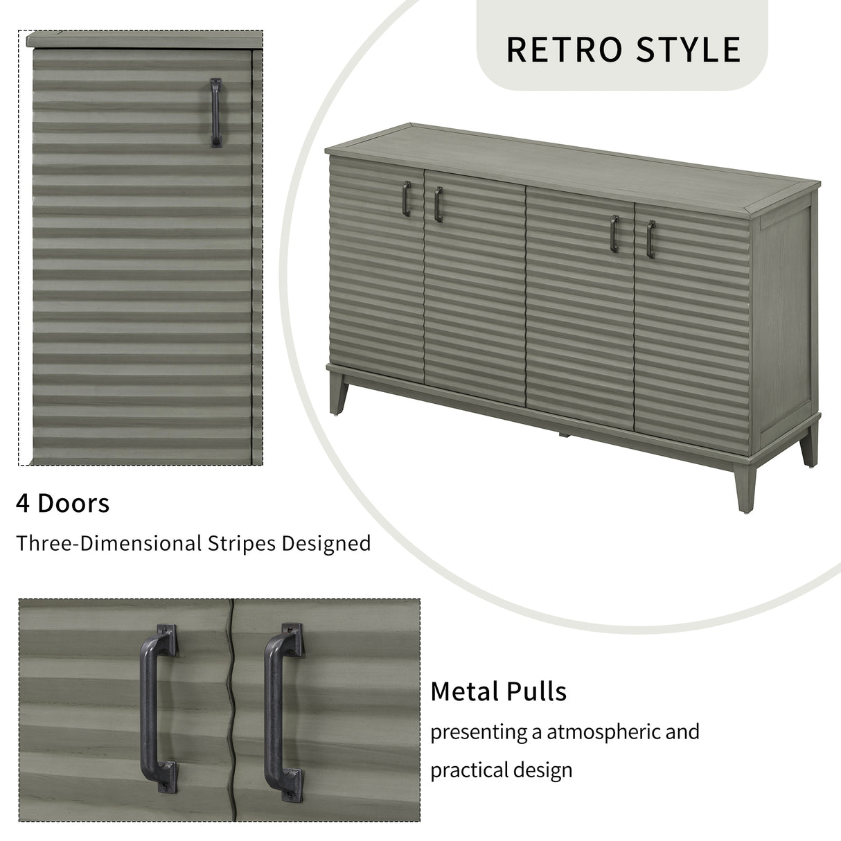 Side panel with 4-door large storage buffet, adjustable shelves and metal handles (antique gray)