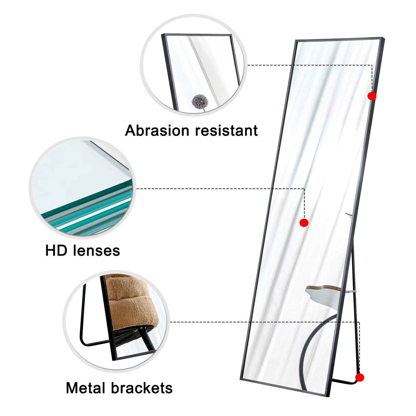Aluminum Alloy Metal Frame Wall-Mounted Full-Length Mirror Black 65 x 23"