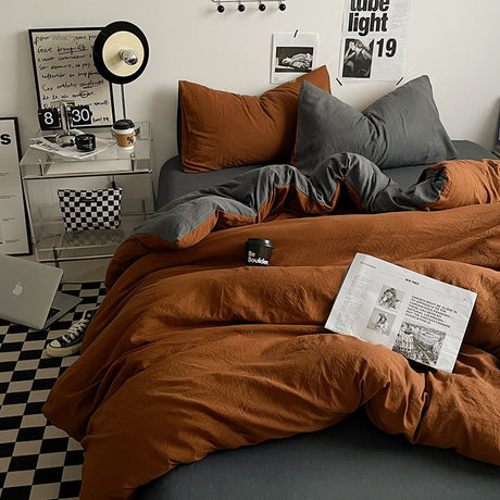 Japanese Solid Color Double Spliced Washed Cotton Four-Piece Set Minimalist Style Quilt Cover Bed Sheet Fitted Sheet Dormitory Bedding Three-Piece Set Wholesale