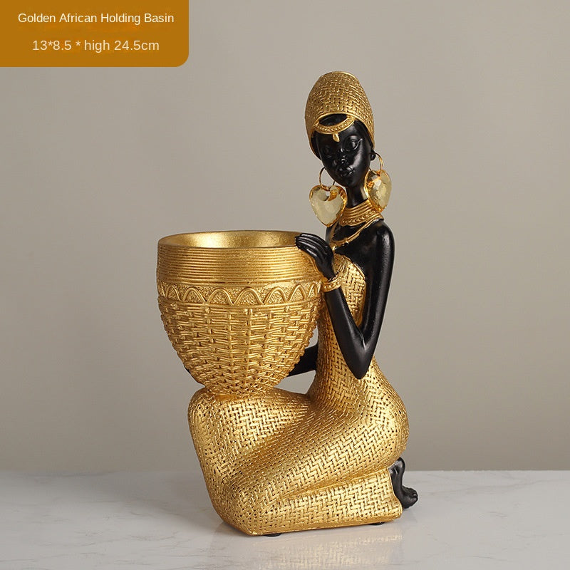 Elegant Golden Resin African Girls' Ethnic Home Sculptures