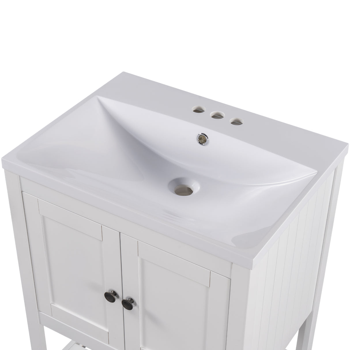 24" White Modern Sleek Bathroom Vanity Elegant Ceramic Sink with Solid Wood Frame Open Style Shelf