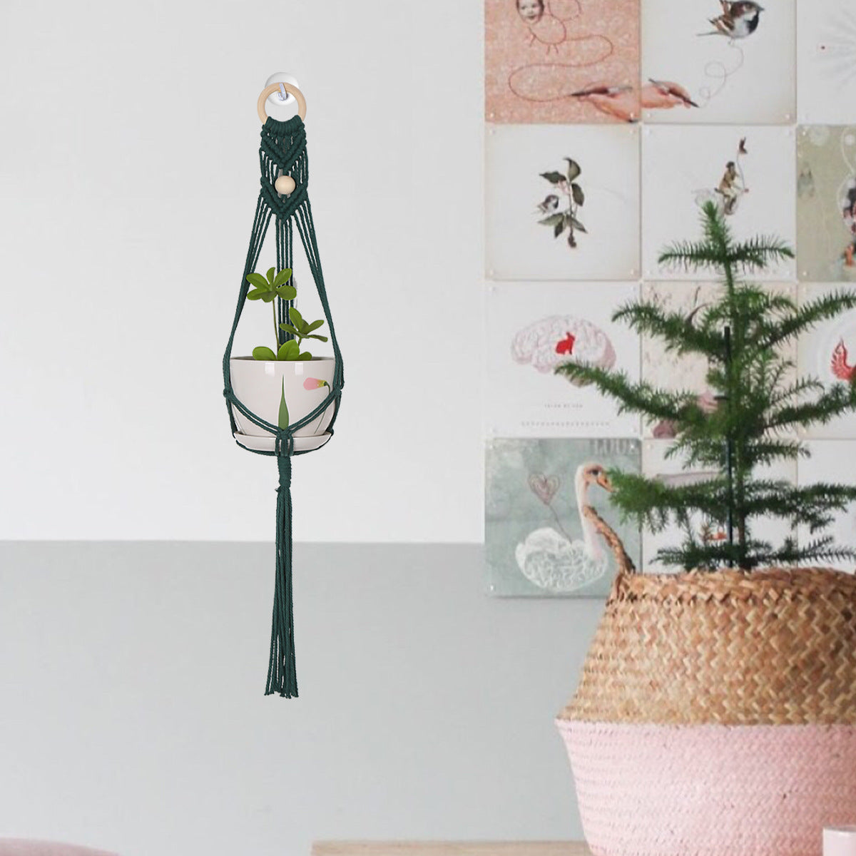 Green Hanging Basket Green Plant Wall Hanging Flower Pot Bohemian Hand-Woven Net Pocket Flower Pot Balcony Decoration