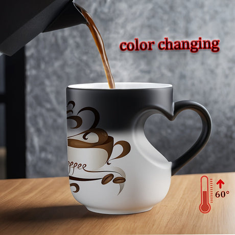1pc 11Oz Ceramic Mug, Color Changing Mug, Black And White Color Changing Design, Heart-Shaped Handle, Coffee Pattern Printing, Heat Sensitive Color, Perfect Gift for Coffee Lovers, Christmas Gift, Birthday Gift Julia M LifeStyles