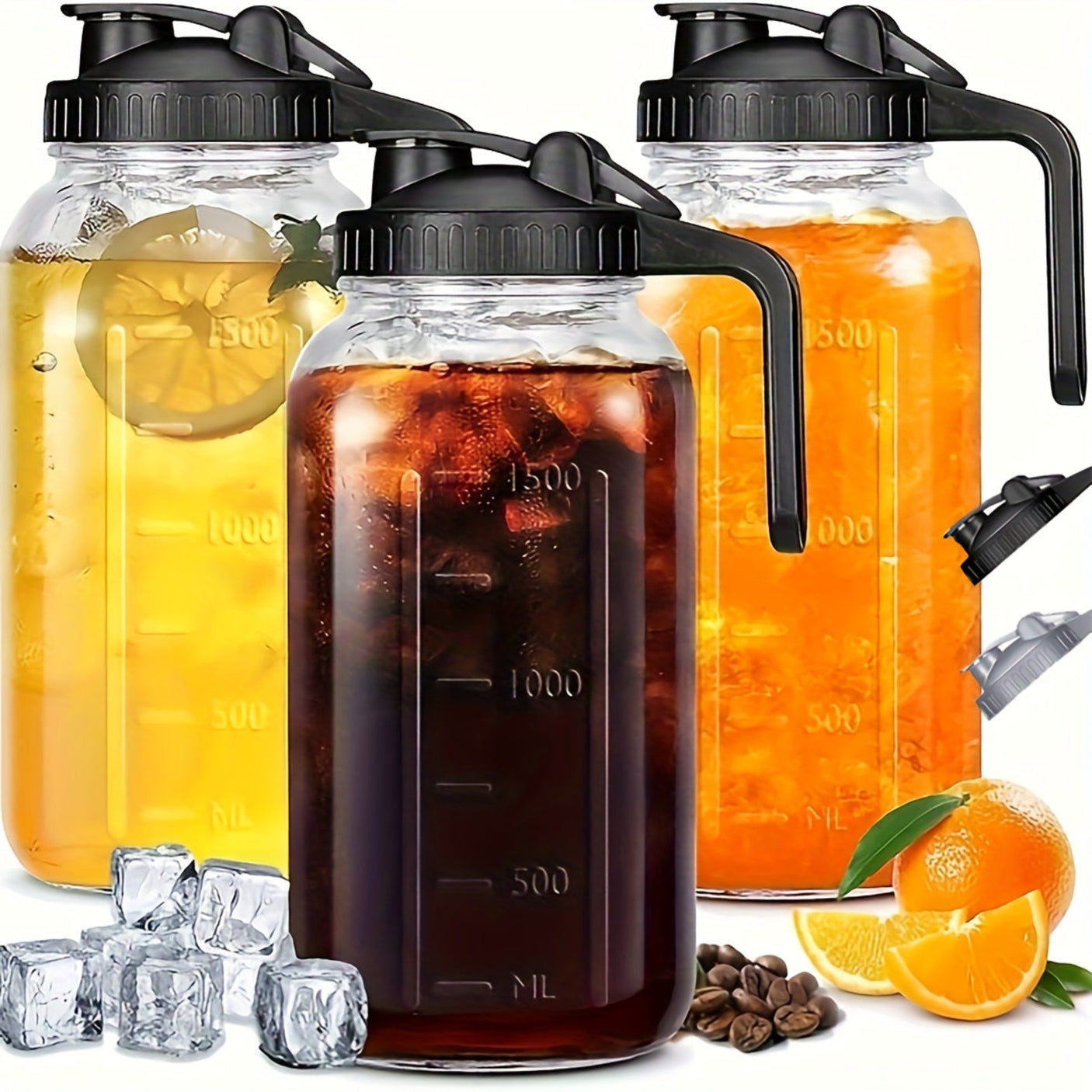 [Lead-Free Glass Bottles] 3pcs 64oz Thick Lead-Free Glass Cold Brew Water Bottles | Airtight Leak-Proof Lids, Measurement Markings & Handle - Mason Jar for Iced Coffee, Tea, Family Gatherings, Refrigerator Storage (Black/Gray - Julia M LifeStyles