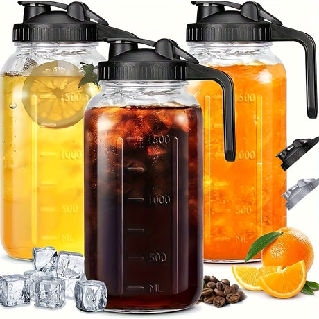 [Lead-Free Glass Bottles] 3pcs 64oz Thick Lead-Free Glass Cold Brew Water Bottles | Airtight Leak-Proof Lids, Measurement Markings & Handle - Mason Jar for Iced Coffee, Tea, Family Gatherings, Refrigerator Storage (Black/Gray