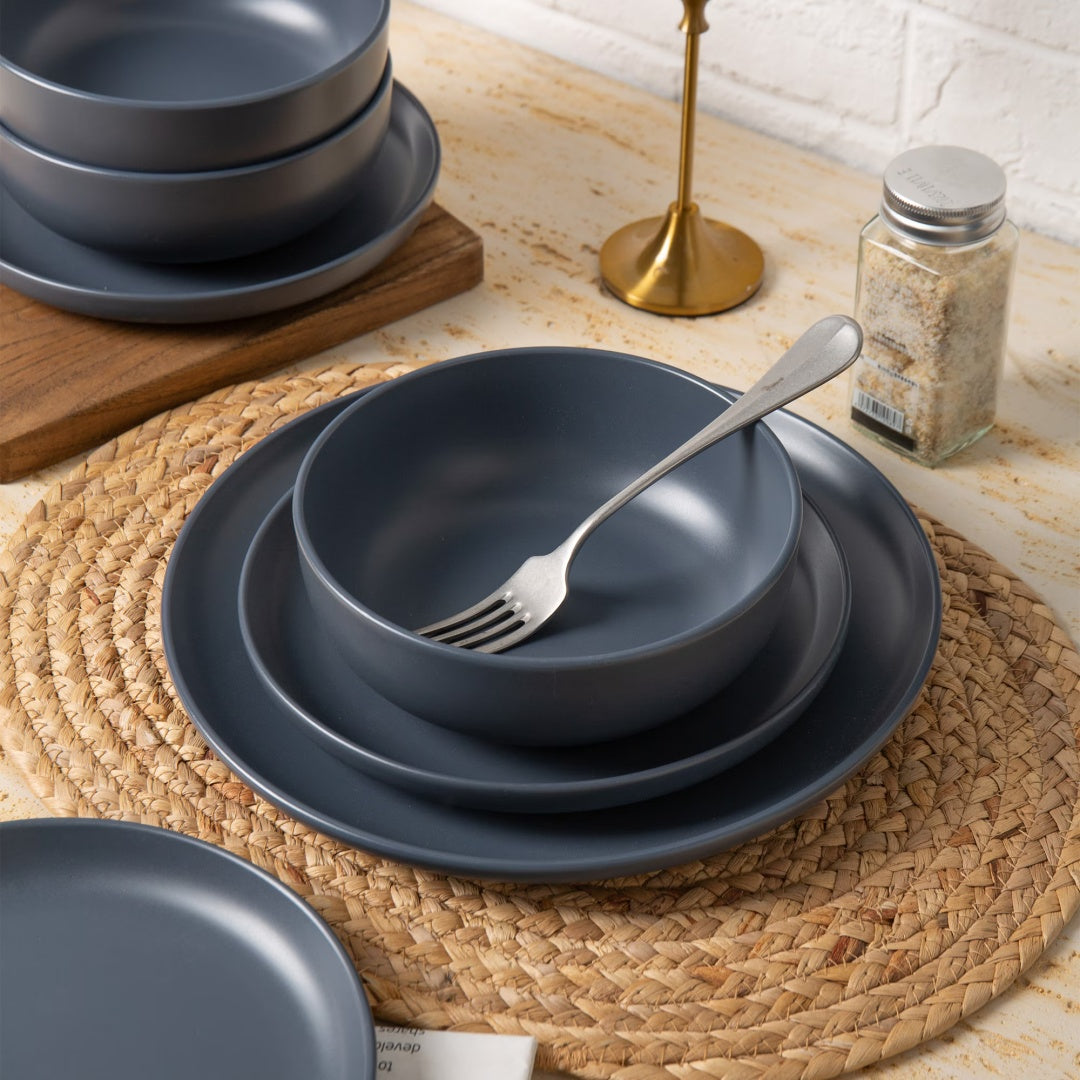 Premium 12-Piece Blue Stoneware Dinnerware Set with Mugs – Elegant Matte Glaze, Microwave & Dishwasher Safe