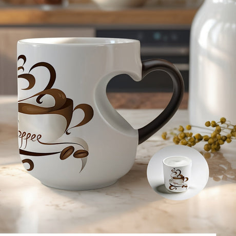1pc 11Oz Ceramic Mug, Color Changing Mug, Black And White Color Changing Design, Heart-Shaped Handle, Coffee Pattern Printing, Heat Sensitive Color, Perfect Gift for Coffee Lovers, Christmas Gift, Birthday Gift Julia M LifeStyles
