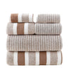 Stack of striped towels in brown, beige, and white on a white background