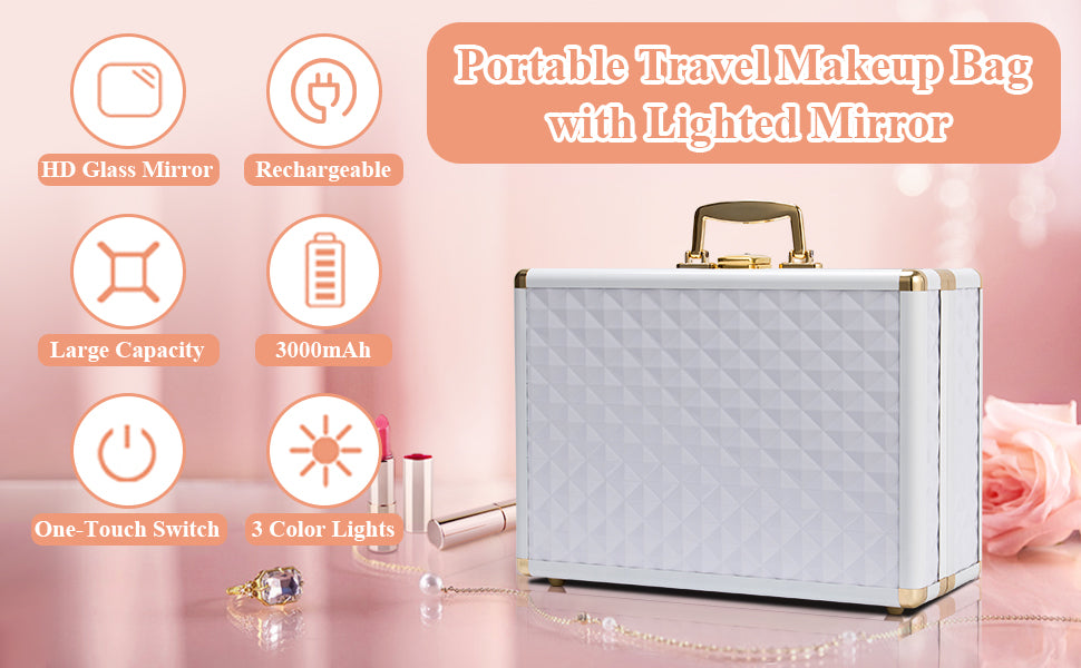 Portable makeup case, travel makeup bag with LED mirror, locked makeup storage box, brush holder, divider, rechargeable, white - Julia M LifeStyles