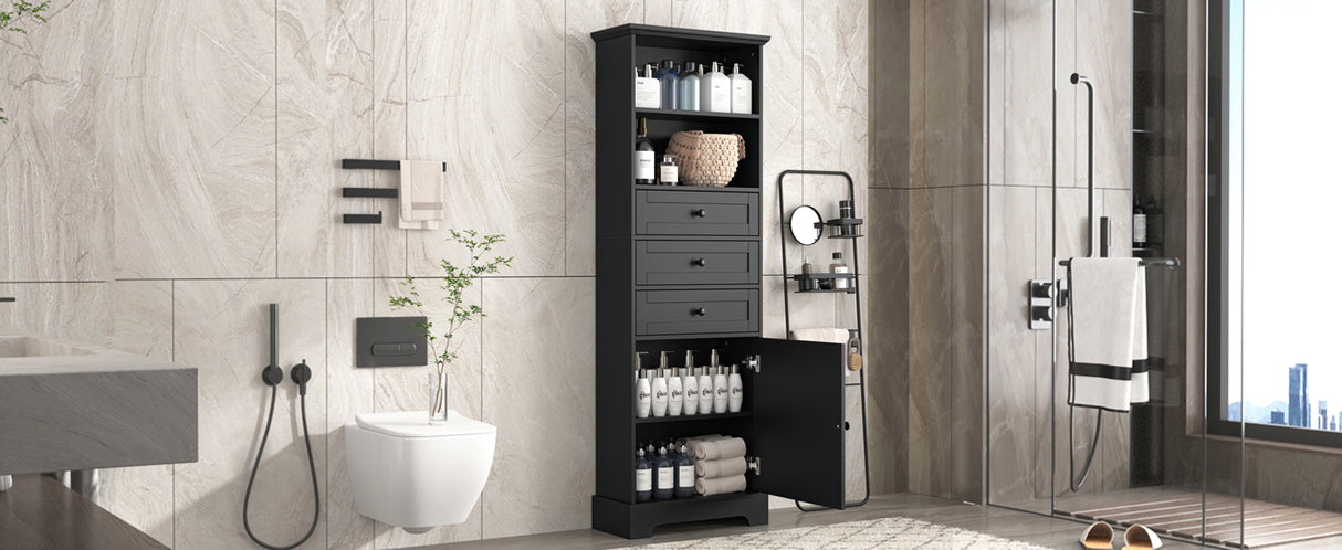 Black high storage cabinet with 3 drawers and adjustable shelves, MDF board painted