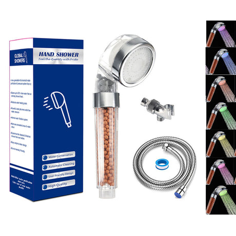 LED Luminous Colorful Shower Nozzle Negative Ion Self Generating Shower Head Three Color Temperature Controlled Led Handheld Shower