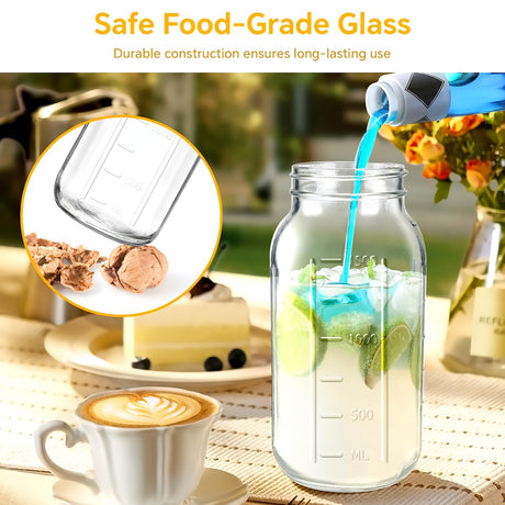 [Lead-Free Glass Bottles] 3pcs 64oz Thick Lead-Free Glass Cold Brew Water Bottles | Airtight Leak-Proof Lids, Measurement Markings & Handle - Mason Jar for Iced Coffee, Tea, Family Gatherings, Refrigerator Storage (Black/Gray