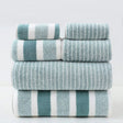 Stack of striped towels in teal and white on a light gray background
