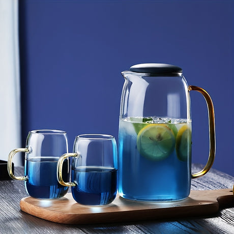 Set, Blue Clear Pitcher And Cups, 1.5L/50oz Glass Drink Pitcher And 300ml/10oz 4pcs Glass Water Cups With Handle, Glassware, Summer Winter Drinkware