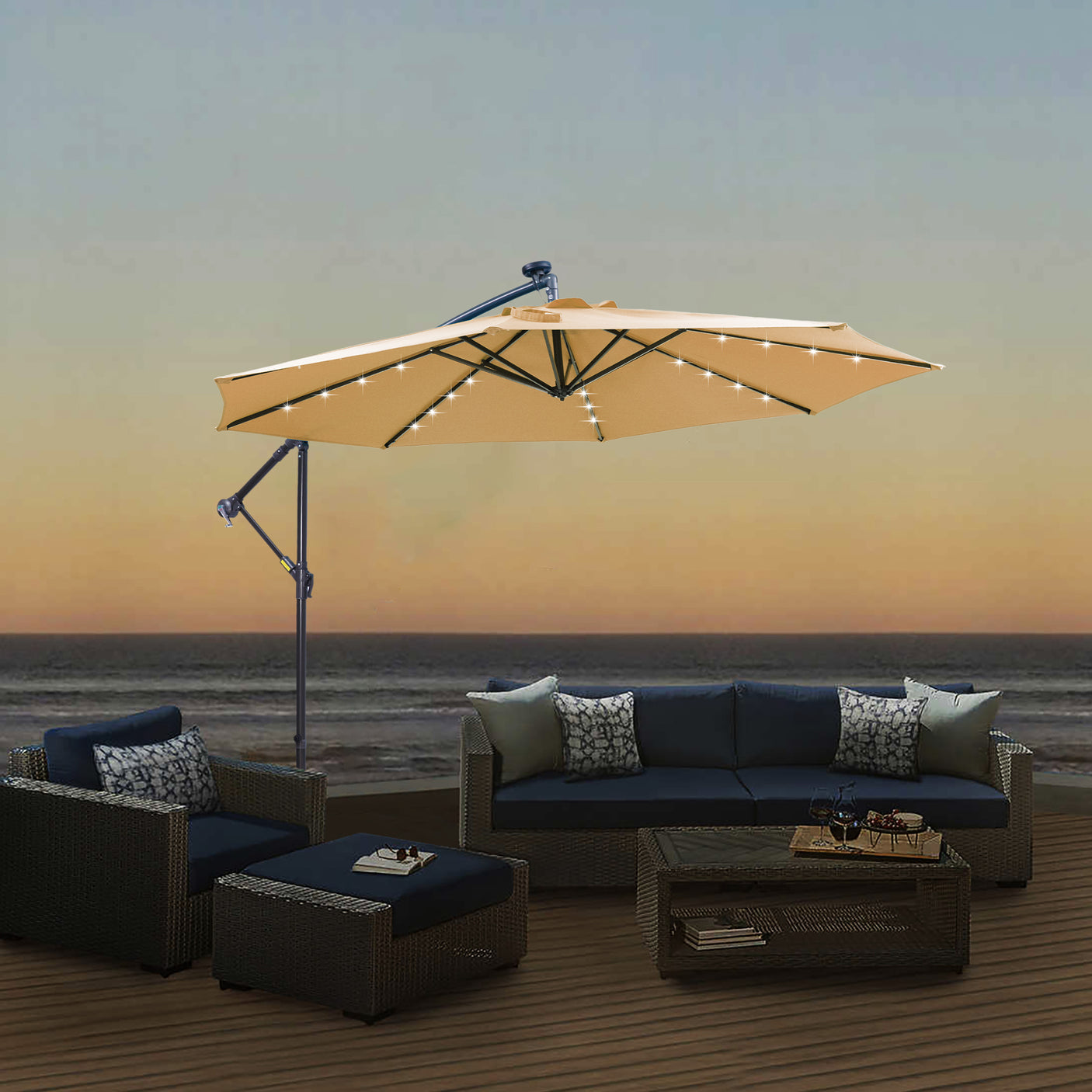 10 FT Solar LED Patio Outdoor Umbrella Hanging Cantilever Umbrella Offset Umbrella Easy Open Adustment with 32 LED Lights -taupe - Julia M LifeStyles