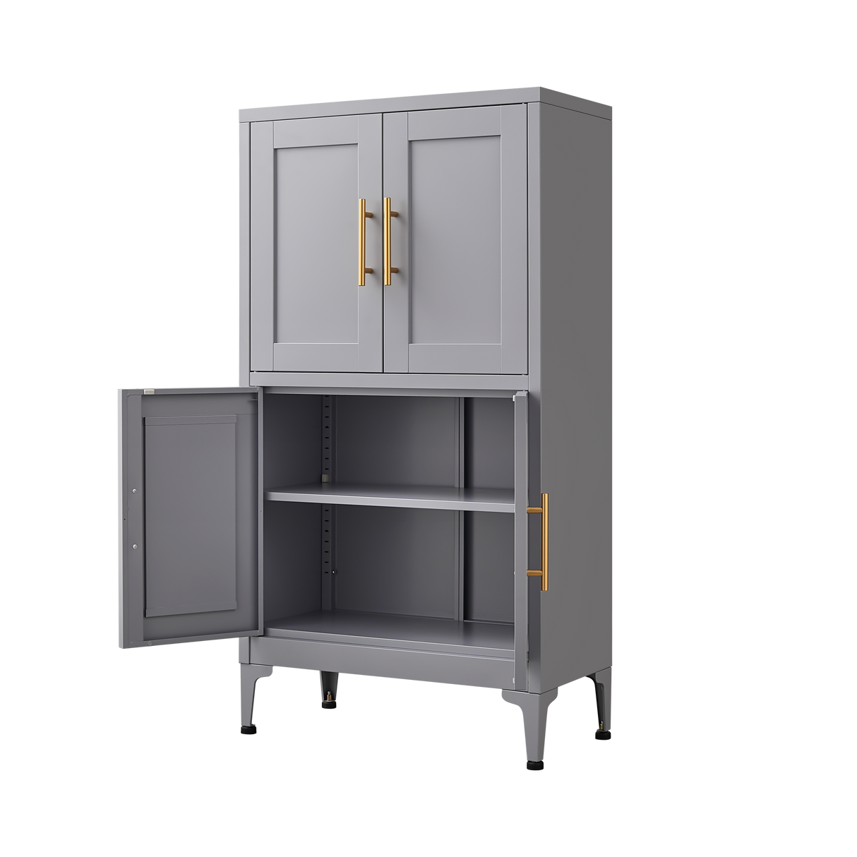 Grey metal kitchen storage cabinet, kitchen pantry storage cabinet with door and shelf, adjustable leveling feet