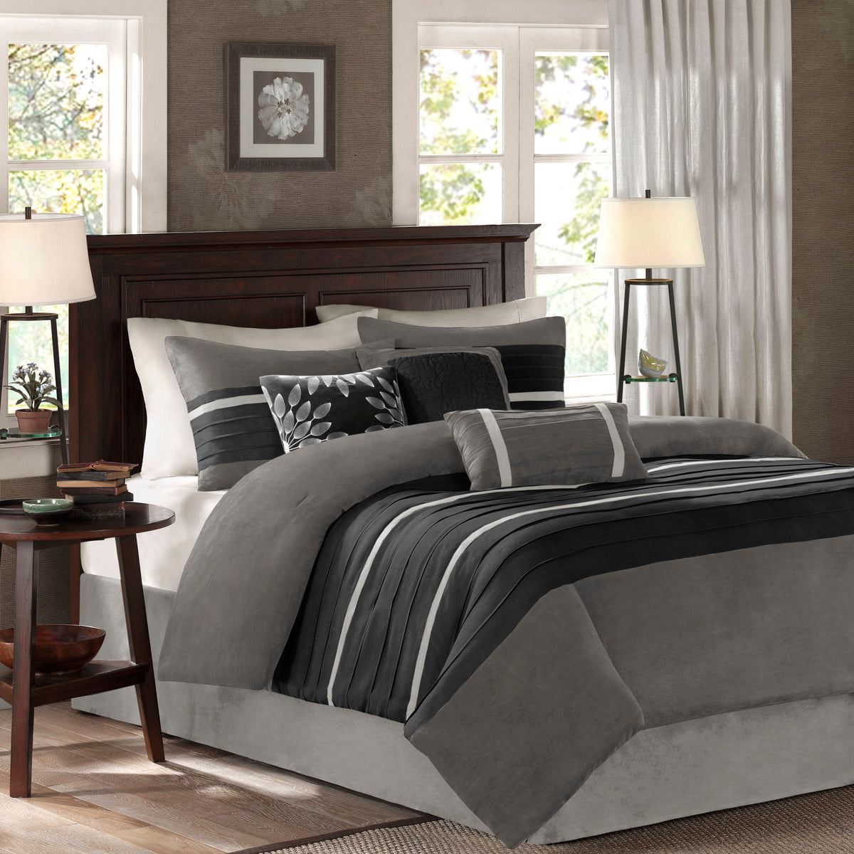 7 PC Pieced Faux Suede Comforter Set in Black - Queen Size