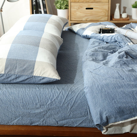 Washed Cotton Four-piece Set Checked Goods Bedding Set Pure Cotton Naked Sleeping 4-piece Set