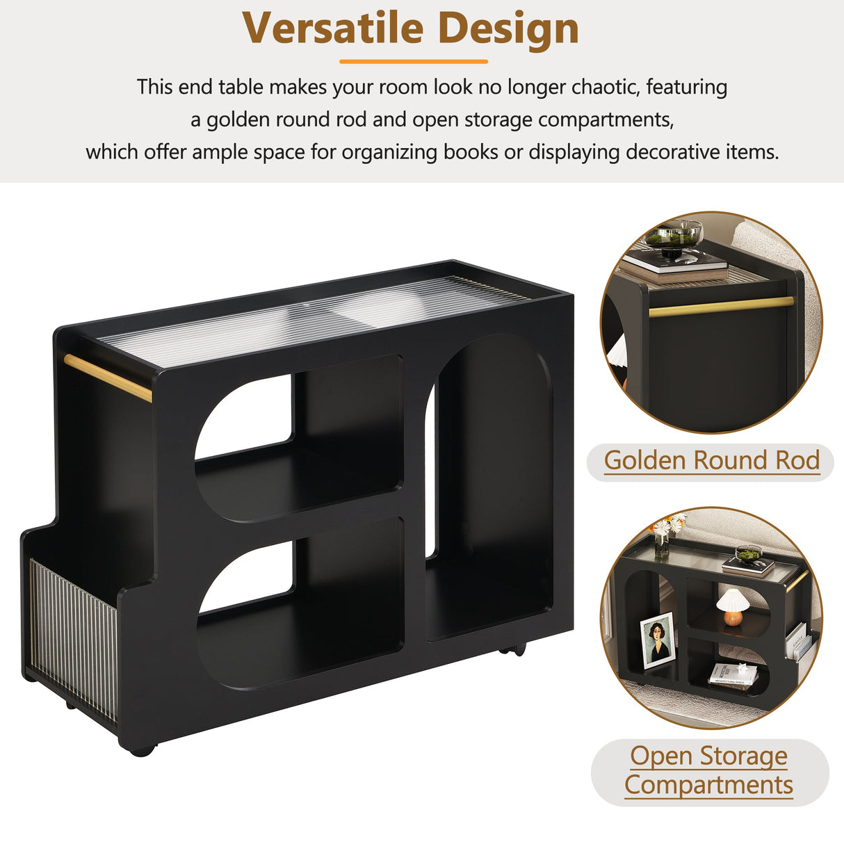 Stylish mobile desk with lockable wheels,bedside table with 5mm thick grooved tempered glass and gold round bars ，black Julia M Home & Kitchen