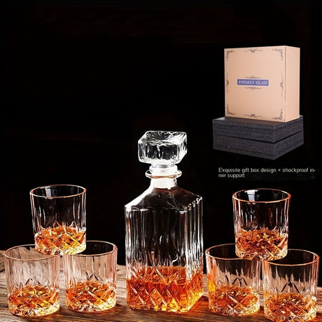 7pcs, Wine Glass Set, Glass Whiskey Decanter And Whiskey Glasses Set, Decanter With 6 Double Layered Vintage Glasses, Lead Free Whiskey Glassware, Accessories, Bar Supplies - Julia M LifeStyles