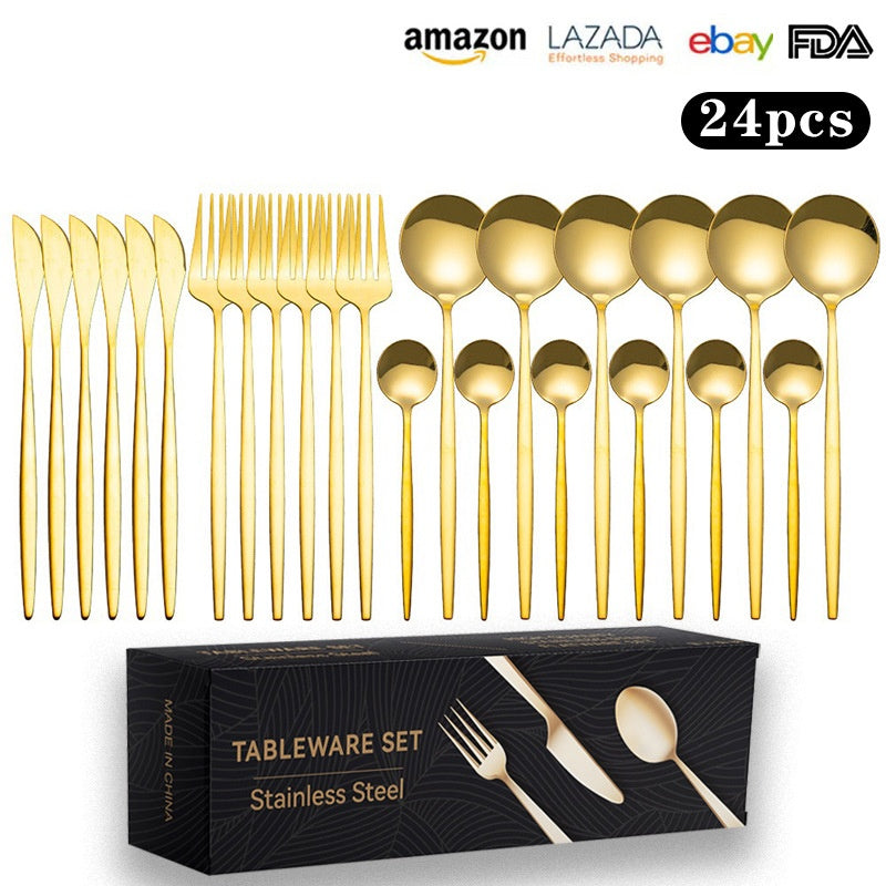 Cutlery Set Stainless Steel Knife Fork Set 24-Piece Tableware Set Golden Steak Knife Fork Spoon 6-Person Set eprolo