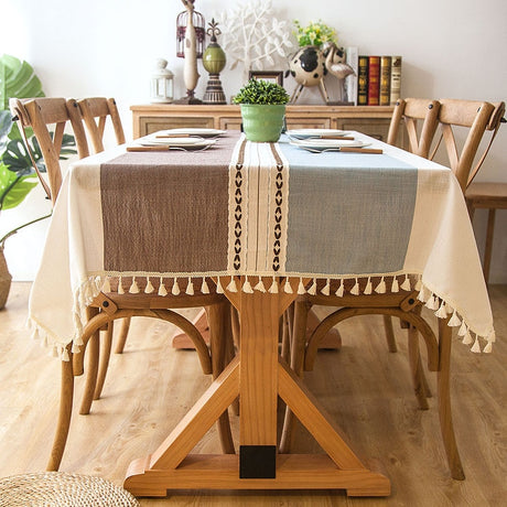 European Style 90x90 cm Decorative Linen Tablecloth with Tassels - Waterproof & Oilproof
