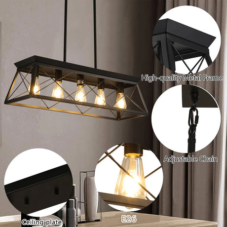 5-light farmhouse pendant light, metal pendant light island fixture, modern rectangular island light, pure black (no bulb) - Julia M LifeStyles