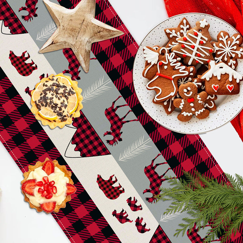 Christmas table flag linen Christmas reindeer checkered printed tablecloth holiday banquet table decoration tablecloth mat