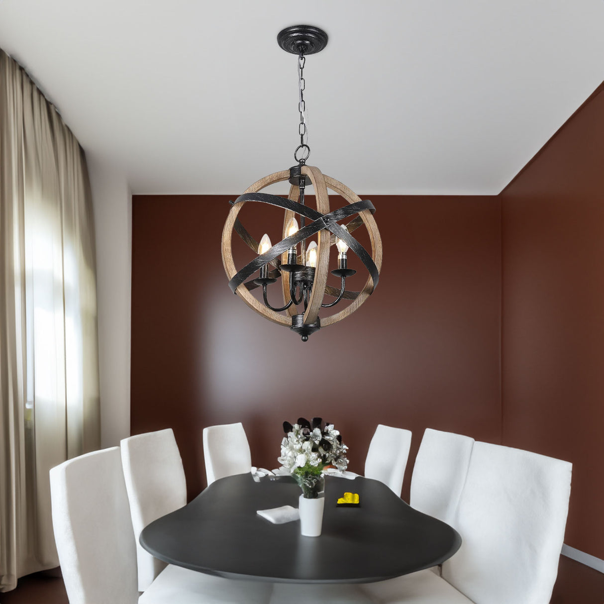 European Style Farmhouse Chandelier - 4-Light Adjustable Rustic Wood Fixture