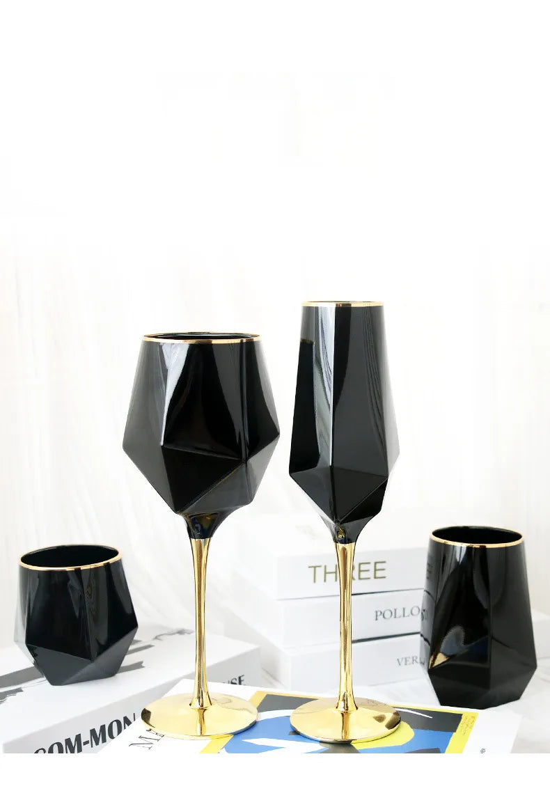 Pure Black Crystal Golden Edge Wine Glass Goblet Light Luxury Irregular Model Room Special Champagne Cup Whiskey Beer Glasses