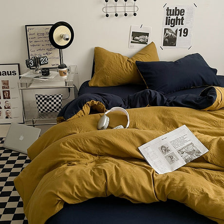 Japanese Solid Color Double Spliced Washed Cotton Four-Piece Set Minimalist Style Quilt Cover Bed Sheet Fitted Sheet Dormitory Bedding Three-Piece Set Wholesale