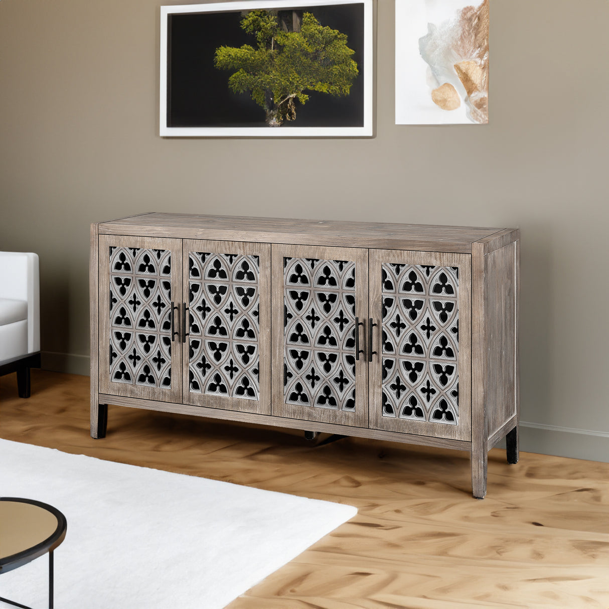Hollow Four Door Antique Cabinet, American Country Style, Suitable for Living Room, TV Cabinet, Kitchen (Brown)