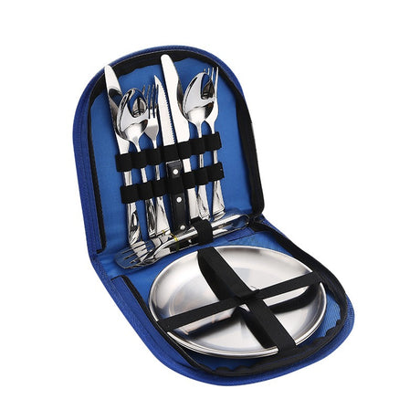 Stainless Steel Tableware Outdoor Camping Western Style Steak Knife Fork Spoon Dinner Plate Set Portable Cloth Bag Set