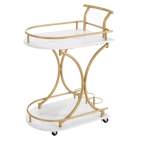 Golden Two-Tier Industrial Style Rolling Bar Cart with Wine & Glass Holders