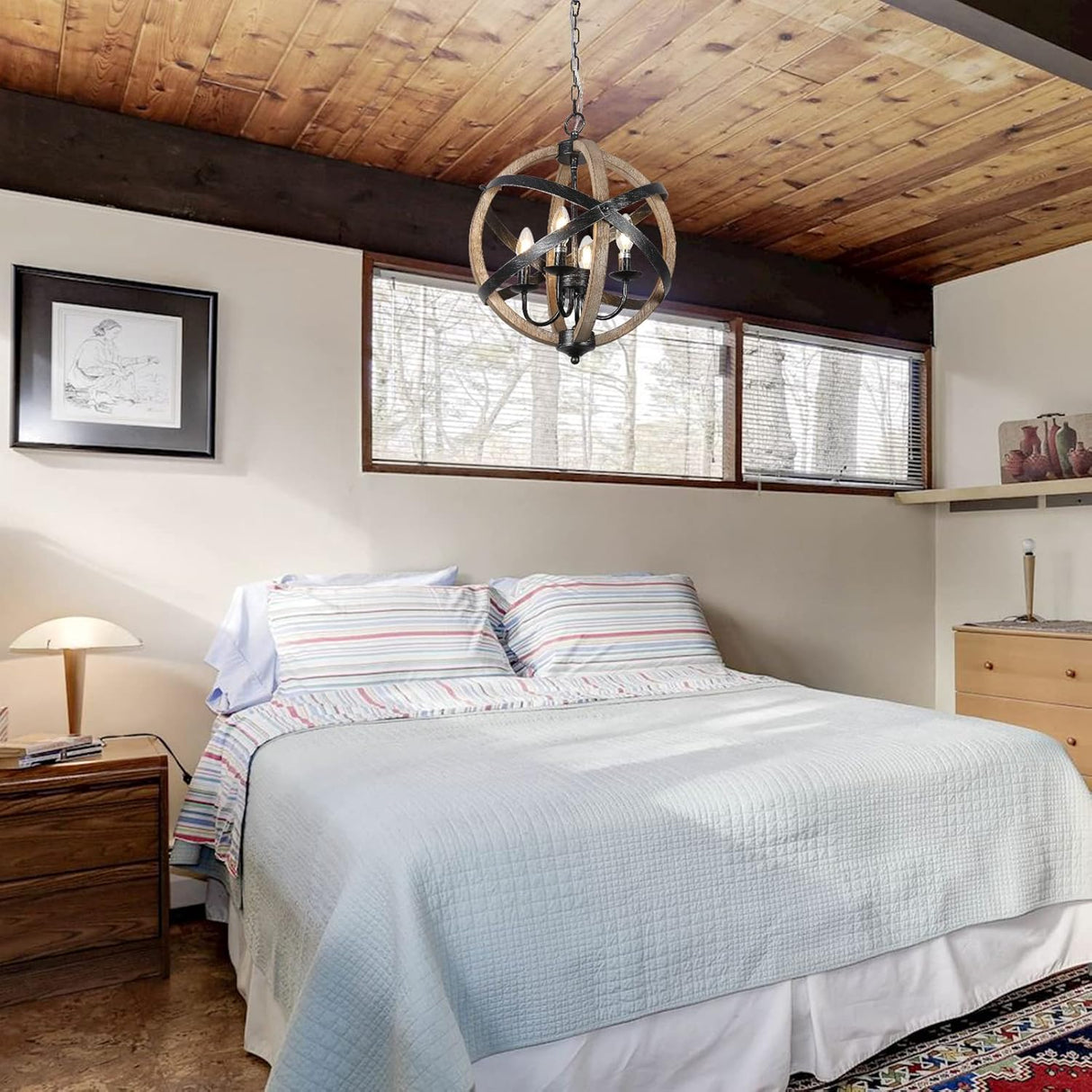 European Style Farmhouse Chandelier - 4-Light Adjustable Rustic Wood Fixture